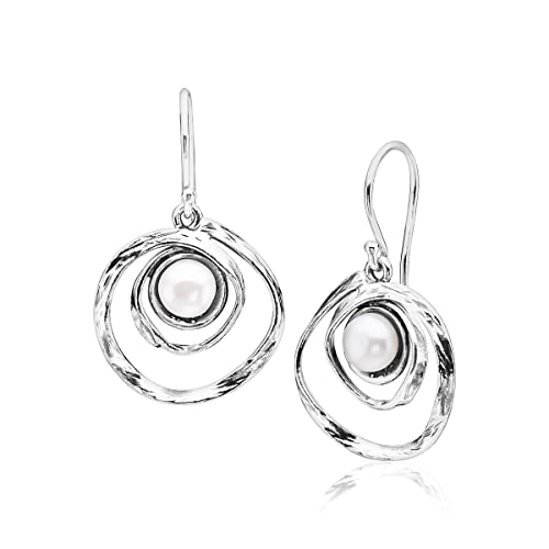 925 Sterling Silver Dangle Drop Earrings With Fresh Water Pearl, Coil Spiral Swirl Antique finish French Wire Back Earrings, Hypoallergenic, Nickel and Lead-free, Artisan Handcrafted Designer collection, Made In Israel