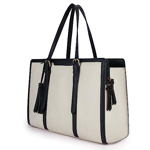 ECOSUSI Laptop Tote Fits Up to 15.6 Inch Briefcase for Women Office Handbags large Capacity with 3 Layer Compartments (Black & Beige)
