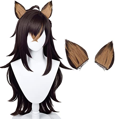Dehya Wig Game Anime Dehya Cosplay Wigs 80cm Long Brown Synthetic Wig with Ears + Hair Net for Halloween Costume Party (Dehya)
