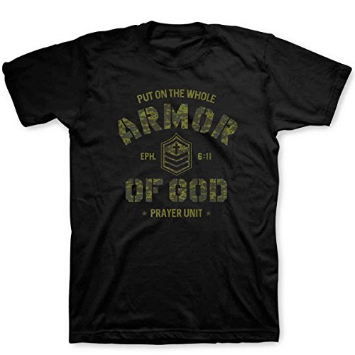 Kerusso Put On The Whole Armor of God Prayer Unit Camo Black Cotton Crew Neck T-Shirt, Medium
