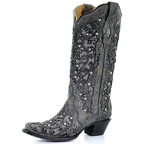 Huntarry Women's Glitter Rhinestone Cowboy Cowgirl Boots Embroidered Crystal Retro Western Boots Snip Toe Chunky Heel Mid Calf Boots