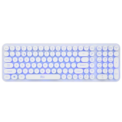 Rii Wireless Typewriter Style Gaming Keyboard, Multi-Device Connections（ Dual BT+2.4G） 7-Color RGB Backlit, 105 Retro Punk Round Keys Keyboard, for Windows/Mac/PC/iOS/Android，White（Updated）