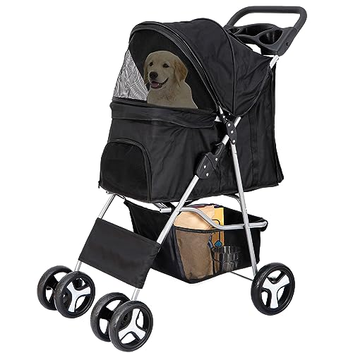 Pet Stroller 4 Wheels Dog Cat Stroller for Small Medium Dog Cats Carrier Jogger Travel Foldable Puppy Stroller with Storage Basket and Cup Holder (Black)