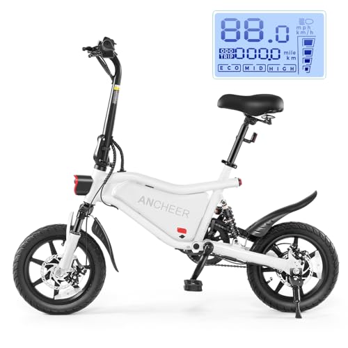 ANCHEER Folding Electric Bike for Adults, 20MPH Ebike, UP to 45 Miles Electric Bikes, 14' Foldable Electric Bicycle for Women/Men, Cruise Control Ebikes, LCD Digital Display, Dual Suspension