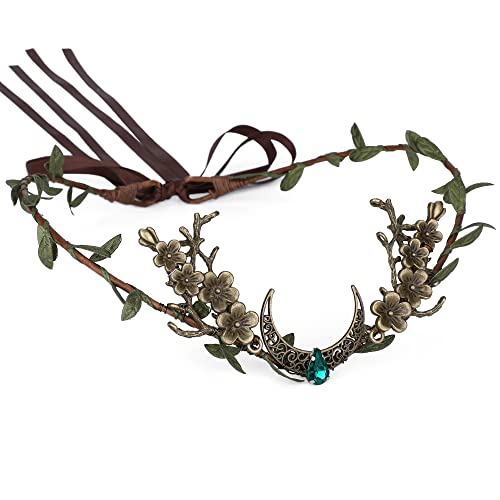 MOSTORY Handmade Woodland Elf Crown Fairy Flower Headpiece Moon Floral Circlet Forest Tiara for Women Girls Renaissance Halloween Cosplay Party Photo Prop Bronze Green