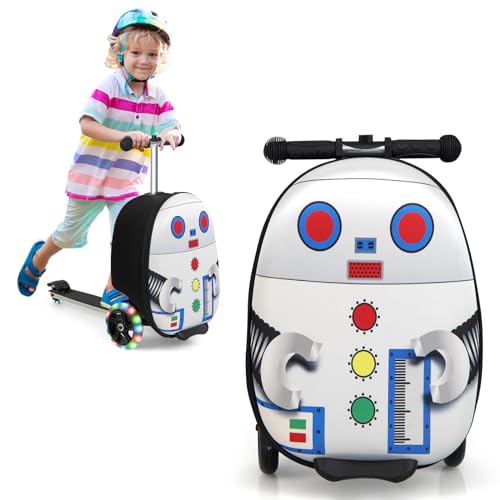 Goplus 2-in-1 Ride On Suitcase Scooter for Kids, Carry on Luggage with LED Flashing Wheels, Waterproof Shell, Retractable Steering Handle, Lightweight Folding Scooter for Boys Girls Travel (Robot)