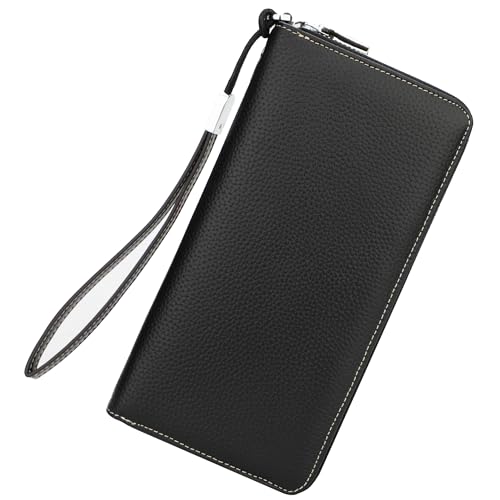 Lavemi Women's RFID Blocking 100% Leather Large Capacity Zip Around Wallet Phone Holder Clutch Travel Purse Wristlet(Large Size Pebble Black)