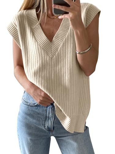 Saodimallsu Womens V Neck Sweater Vest Oversized Ribbed Knit Sleeveless Casual Loose Fit Pullover Tank Top Beige