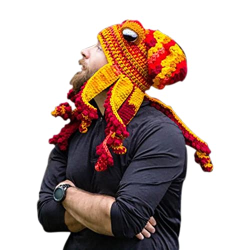 Aizami Knitted Winter Hat Knit Beanie Octopus Hat Unique Soft and Warm Hand Weave Hat for Women and Men Christmas Hat Yellow-red