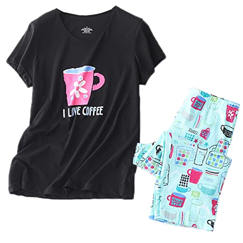 PNAEONG Women Pajama Set Sleepwear Tops with Capri Pants Casual and Fun Prints Pajama Sets SY296-I Love Coffee-XL