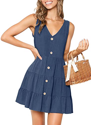 MITILLY Women's Summer Sleeveless V Neck Button Down Casual Pocket Swing Short Dress Medium Dark Blue