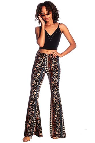 SWEETKIE Boho Flare Pants, Elastic Waist, Wide Leg Pants for Women, Solid & Printed, Stretchy and Soft (Black Blue Rust 10020, Large)