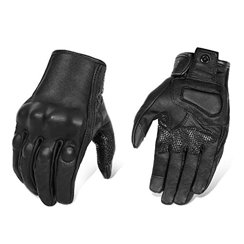 Updated Full Finger Leather Motorcycle Gloves Phone Touch Goat Skin Black Motorbike Riding Gloves (Updated,Non-Perforated, L)