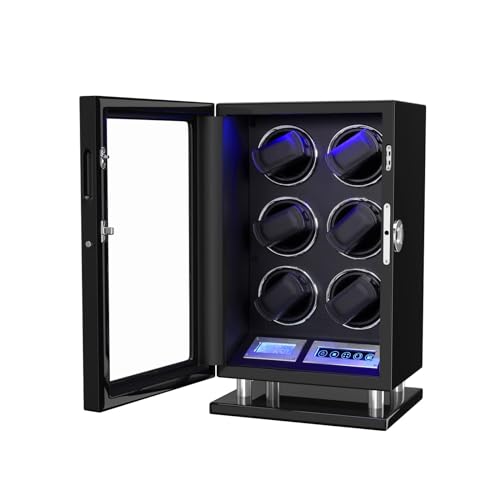 DUKWIN Watch Winder, Fingerprint Lock Automatic Watch Winder 6 with Smart LCD Touch Screen, Remote Control, Blue LED Light, Quiet Motor, and Adjustable Watch Pillows for Gentles and Ladies
