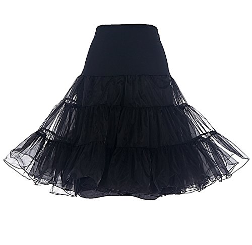 DRESSTELLS 50s Petticoat Skirts, Women Vintage Tutu Underkirt, Halloween Party Pinup Rockabilly Midi Audrey Hepburn Crinoline, Puffy Tulle Half Slip Black L