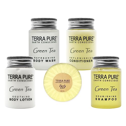 Terra Pure Hotel Soaps and Toiletries Bulk Set | 1-Shoppe All-In-Kit Amenities for Hotels | 1oz Hotel Shampoo & Conditioner, Body Wash, Body Lotion & 1.25oz Bar Soap Travel Size | 300 Pieces