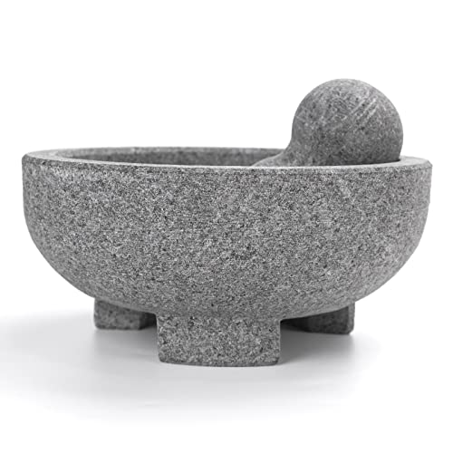 Luvan Mortar and Pestle Set, 8 Inch 4 Cups Large Capacity Unpolished Granite Molcajete Mexicano Guacamole Bowl, Stone Grinder Bowl for Crushing/Grinding-Guacamole,Spices,Herb,Salsa and Pesto (Gray)