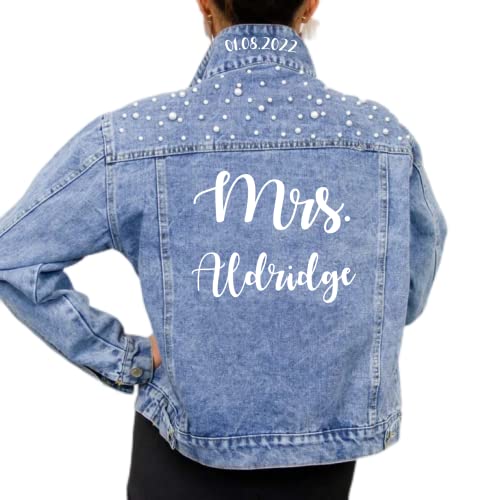 Custom Women's Denim Jacket with Pearls, Wedding Future Wife Jacket, Friend and Couple Gift Jackets, Can Customize Text (5XL, Blue)
