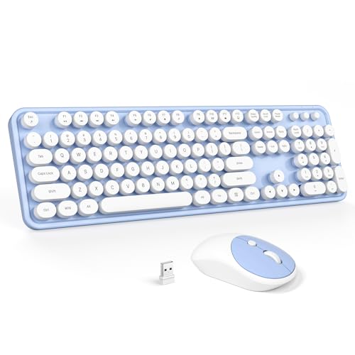 GEEZER Wireless Keyboard and Mouse Combo - Blue-White Full-Sized Colorful Keyboard 104 Keys - USB 2.4 G Receiver Plug and Play with Round Keycap Typewriter Keyboards, for Windows, PC, Laptop, Desktop