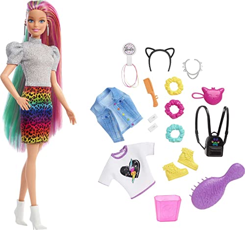 Barbie Leopard Rainbow Hair Doll (Blonde) with Color-change Hair Feature, 16 Hair & Fashion Play Accessories Including Scrunchies, Brush, Fashion Tops, Cat Ears, Cat Purse & More for Kids 3 to 7 Years