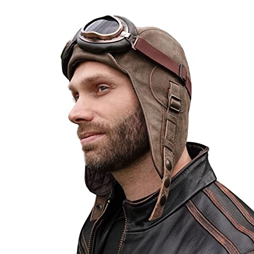 Leather Aviator Hat, Real Vintage Brown Leather Helmet, Pilot Cap, for Men & Women (Small, Hat with Goggles)