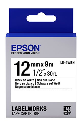 Epson LabelWorks Standard LK (Replaces LC) Tape Cartridge ~1/2' Black on White (LK-4WBN) - for use with LabelWorks LW-300, LW-400, LW-600P and LW-700 Label Printers
