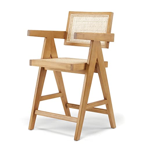 MEELANO Jeanneret Counter Stool with Arms and Back - Mid-Century Modern Design, Teak Wood, Woven Cane, Comfortable Cushioned Seat - Perfect for Home or Commercial Use