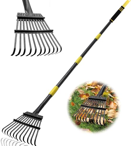 Coopvivi Garden Leaf Rakes, 6FT Rakes for Lawns Heavy Duty 11 Metal Tines 9.5 inch Wide, Adjustable Long Steel Handle, Small Shrub Rake, Gathering Leaves, Leveling Grass, Flower Beds, Yards