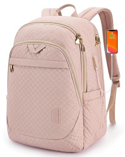 BAGSMART Travel Laptop Backpack Women, 15.6 Inch Anti Theft Laptop Backpack with USB Charging Port Water Resistant Casual Daypack College Bookbags Computer Backpack for Work, Quilted Pink