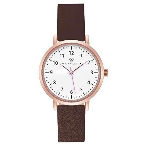 Wristology Olivia Mini Rose Gold Womens Watch - Brown Interchangeable Genuine Leather Band - Easy to Read Analog Face with Numbers and Second Hand for Women, Nurses, Teachers, OM088
