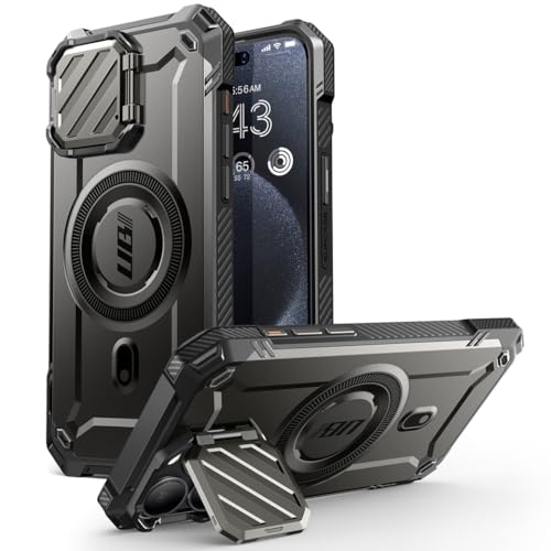 SUPCASE UBMag XT for iPhone 15 Pro Max Case 6.7' with Camera Cover, [Compatible with MagSafe] Heavy Duty Rugged Case with Built-in Kickstand (Black)