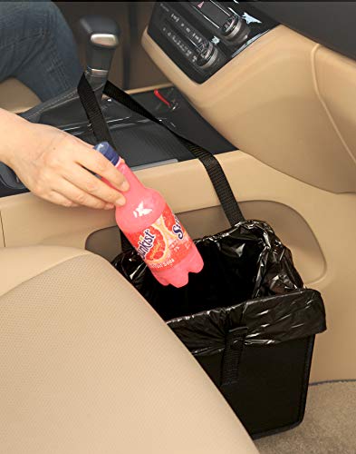 KMMOTORS Car Trash Can, Leather Trash Bag Foldable Hanging bin, Cute car Gadgets, Garbage Container, Vegan Leather(Medium, Black)
