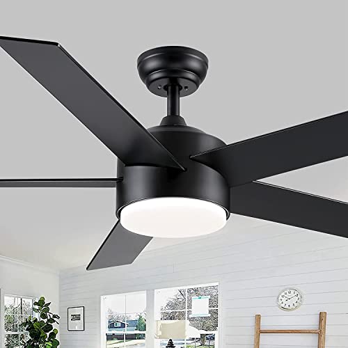 POCHFAN 52 inch Black Ceiling Fans with Lights and Remote Control, Dimmable 3-Color Temperatures LED Ceiling Fan, Wooden Quiet Reversible Modern Ceiling Fan for Bedroom, Living Room, Dining Room