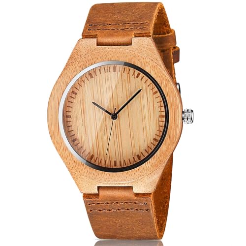 CUCOL Men's Bamboo Wooden Watch with Brown Cowhide Leather Strap Japanese Quartz Movement Casual Watches