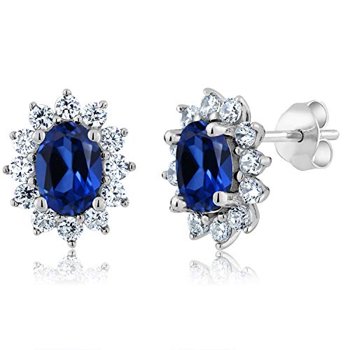Gem Stone King 925 Sterling Silver Blue Created Sapphire Simulated Emerald or Black Onyx Gemstone Birthstone Stud Earrings Princess Diana Royal Halo Style For Anniversary Wedding Birthday