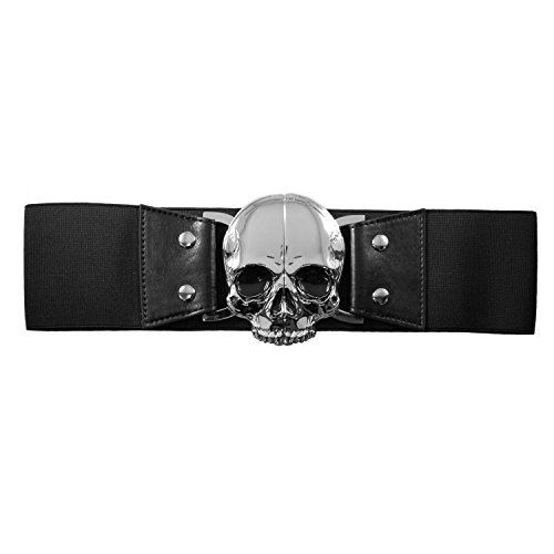 Chrome Skull Black Elastic Waist Belt Kreepsville Costume Gothic Horror Fashion (L-XL (30-36 IN))
