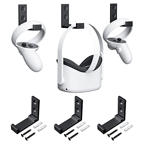 GLDRAM VR Wall Mount for Oculus Quest 2, Folding VR Headset Wall Hooks for Meta Quest 2, VR Stand Hanger Accessories Bundles with Screws, Black Stand Bracket Storage Clothes and Cooker - 3 PCS