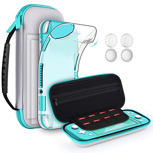 GeeRic 8PCS Case Compatible with Switch Lite, Carrying Case Accessories Kit, 1 Soft Silicon Case + 2 Screen Protector + 4 Thumb Caps + 1 Storage Carrying Gray
