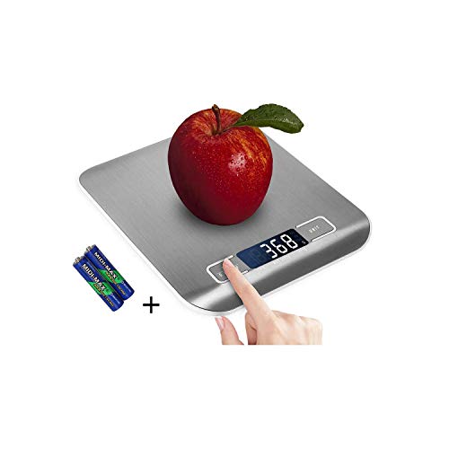 Digital Kitchen Scale,Food Scale for Meat Baking Weight,Unit Gram OZ lb Up 11 lb(1g-5KG),Silver Stainless Steel Anti-Fingerprint with Accuracy LCD Display for Cooking White(Include AAA Battery)