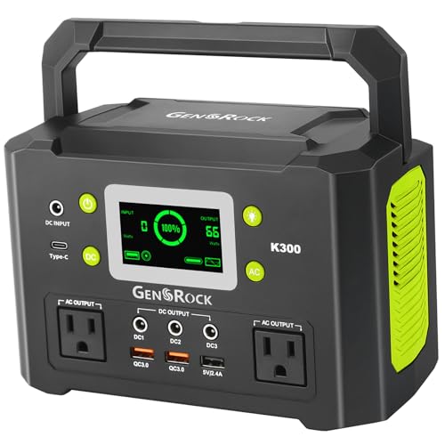 GENSROCK 300W Portable Power Station, 222Wh Solar Generator, Backup Lithium Battery With 110V/300W AC Outlet/QC 3.0/Type-C/LED Light/DC 12V for CPAP Family Emergency Outdoor Camping RV Travel.