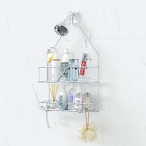 TreeLen Shower Caddy Hanging over Shower Head Small Rust Roof Shower Organizer with 4 Hooks for Razor Shampoo Holder Bathroom Shower Rack Storage Shelf – Stainless Steel