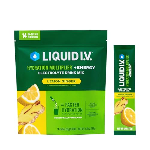 Liquid I.V. Hydration Multiplier +Energy - Lemon Ginger - Hydration Powder Packets | Electrolyte Powder Drink Mix | Convenient Single-Serving Sticks | Non-GMO | 1 Pack (14 Servings)