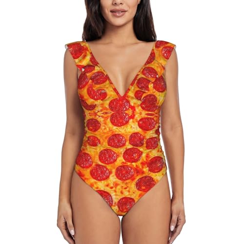 Ogniwo 3D Pizza Pepperoni Women's One Piece Swimsuits,Swimwear Ruffle Monokini Bathing Suits Black, Medium