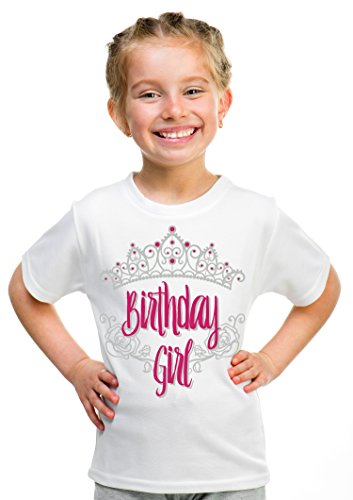 Ann Arbor T-shirt Co. Birthday Girl Princess | Princess Party Tiara B-Day Top Girly Unisex T-shirt - (Youth,XS),White
