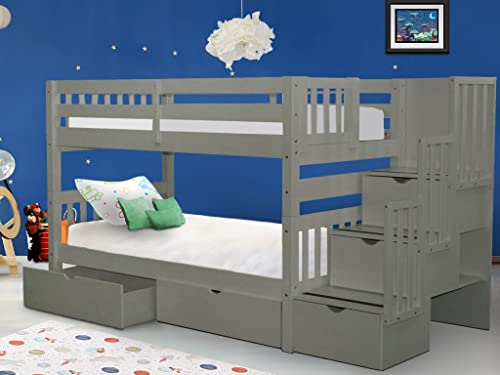 Bedz King Stairway Bunk Beds Twin Over Twin with 3 Drawers in The Steps and 2 Under Bed Drawers, Grey