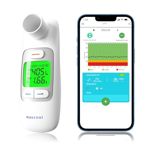 Nascool Peak Flow Meter with Bluetooth APP Spirometer for Asthma COPD Monitor PEF FEV1 Home Medical 300 Records Kids Adults