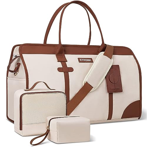 ETRONIK Weekender Bags for Women, Overnight Bag with Wet Pocket & Shoe Bag & Toiletry Bag, Carry on Travel Duffel Bags for Gym Hospital Gift Daily Use, 5 Pcs Set, White&Bronze