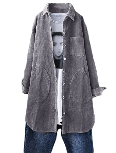 Minibee Women's Corduroy Shirt Coats Long Sleeve Button Down Blouses Tops with Pockets Dark Gray XXL