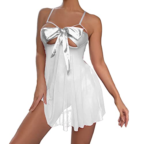 TODOZO Women Fashion Print Mesh Lingerie Lace Lingerie Two Pieces Set Sexy Underwear With Thong Garters Belts (White, XL)