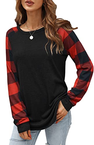 Aifer Womens Buffalo Plaid Shirts Crewneck Pattern Raglan Pullover Casual Long Sleeve Tops Trendy Fall Outfits Clothes